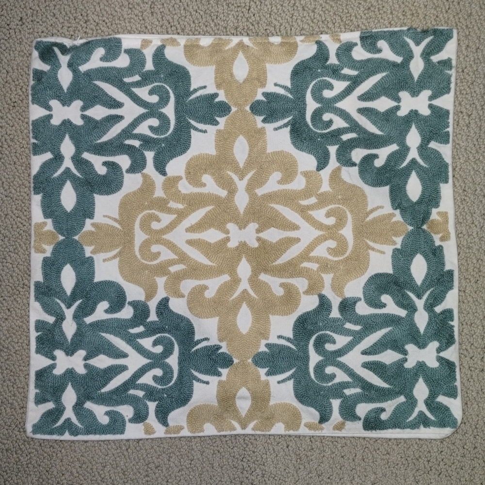Stitched Teal and Gold on Woven Cream Cotton Fabric Throw Pillow Cover  (18 in)